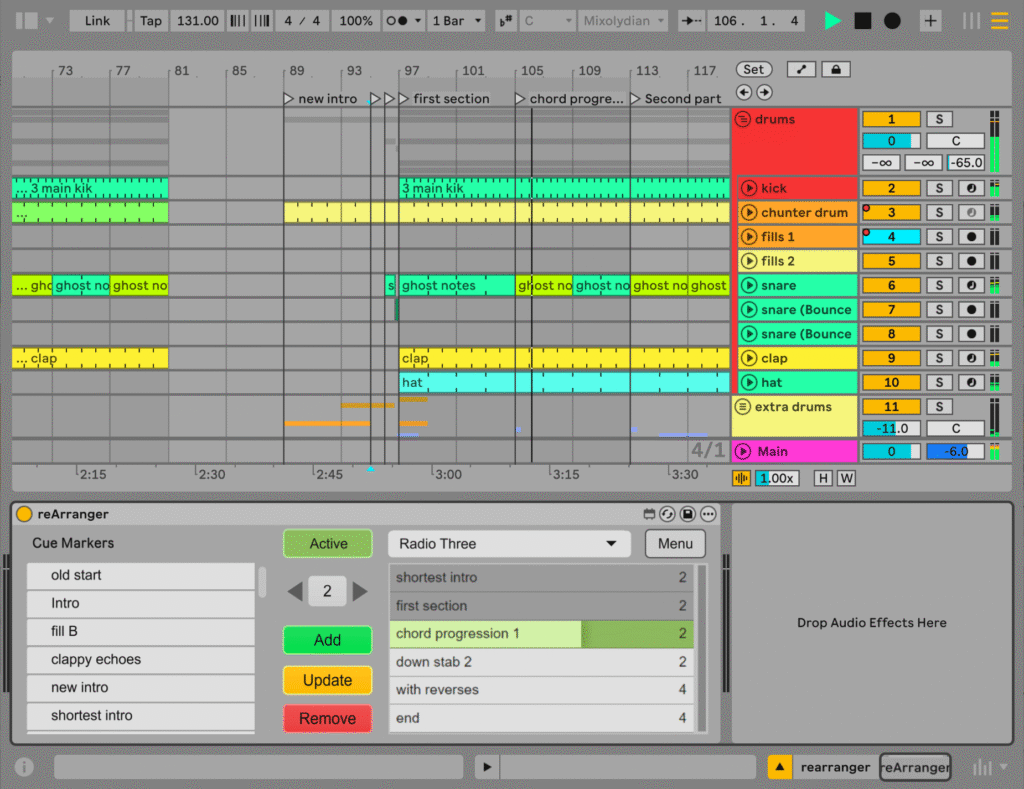 angstrom's rearranger device for ableton live showing the arrangement sections and the playlist